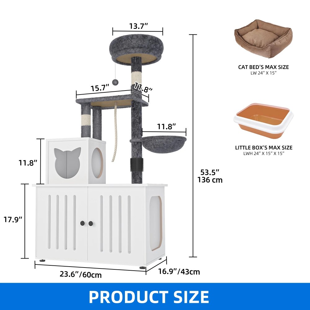 Dextrus 2-in-1 Cat Tree with Litter Box Enclosure, 53.5" Large Modern Cat Condo with Scratching Posts, Perch, Food Station, Hammocks, Scratch Post, White - Image 5