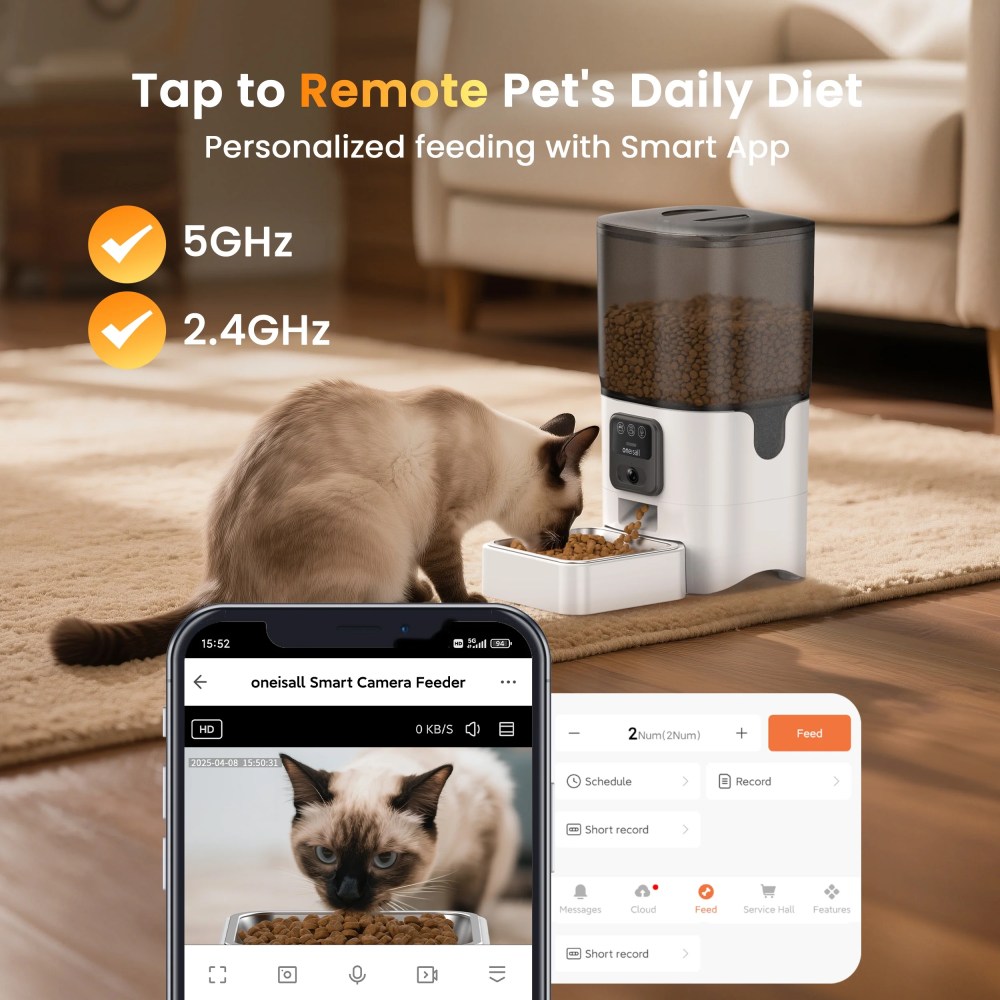 Oneisall WF-63 5GHz & 2.4GHz Automatic Cat Food Dispenser, 6L/25 Cups Automatic Cat Feeder with Camera, White - Image 5