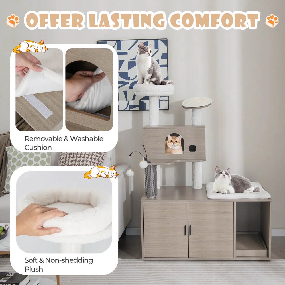 Gymax Cat Tree with Litter Box Enclosure 2-in-1 Modern Cat Tower with Cat Condo - Image 7