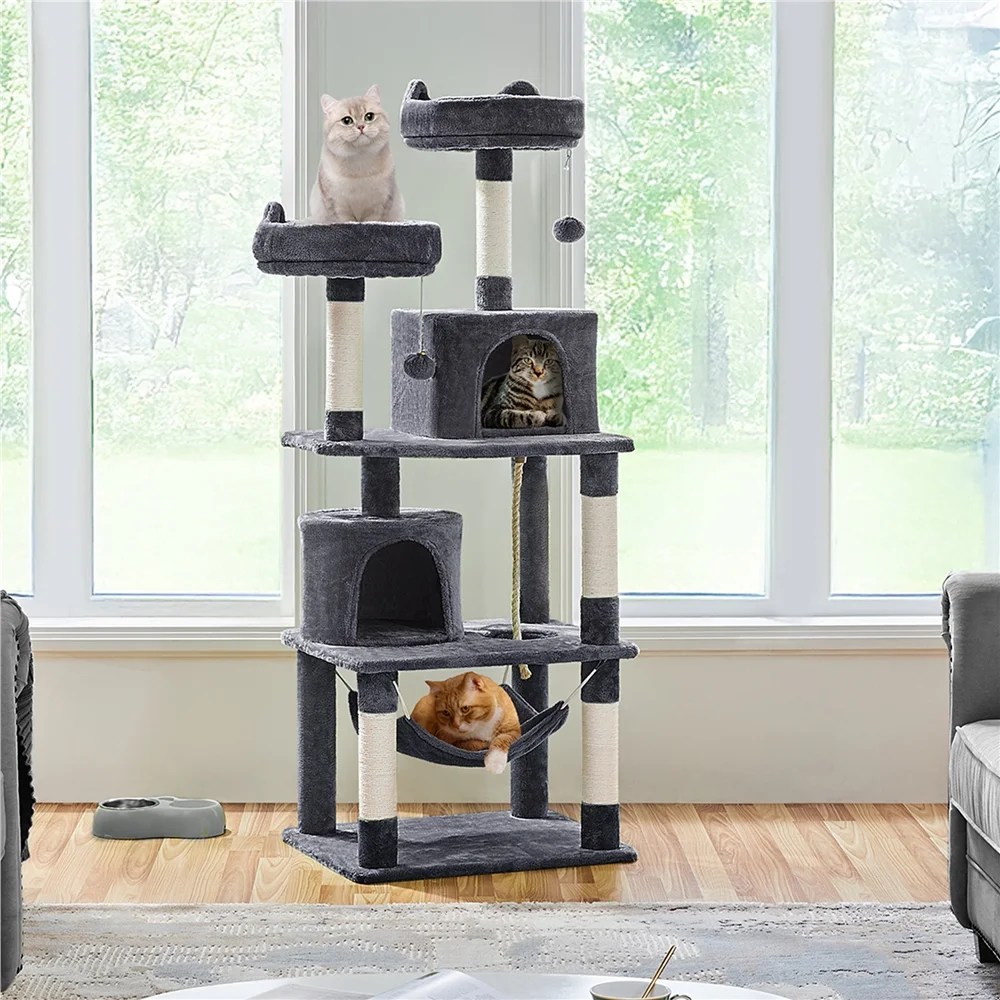 Yaheetech 62"H Multi Level Cat Tree Tower with Condos, Foam-Padded Perches, Dark Gray - Image 4