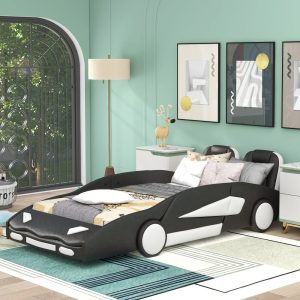 Euroco Modern Wood Race Car-Shaped Twin Platform Bed for Kids Teens Bedroom, Upholstery PU Leather Car Bed for Kids Gift, Black