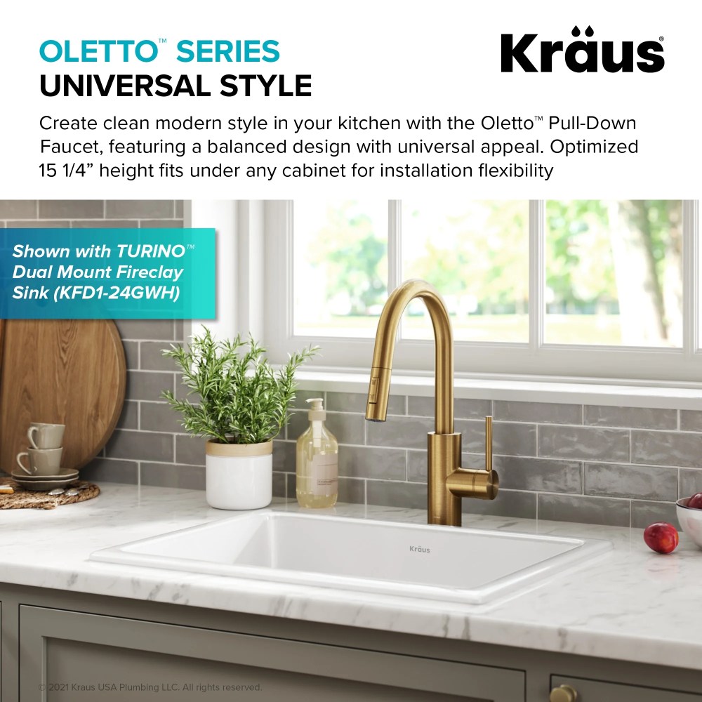 KRAUS Oletto Single Handle Pull Down Kitchen Faucet with QuickDock Top Mount Installation Assembly in Spot-Free Brushed Brass - Image 4