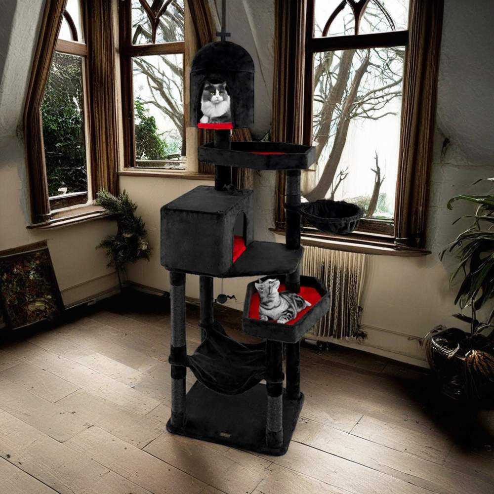 Pefilos 80" Gothic Cat Tree with Coffin Bed, Cat Tower with Scratching Post and Cat Condo, Cat Tree House with Hammock, for Small Medium Cats, Black