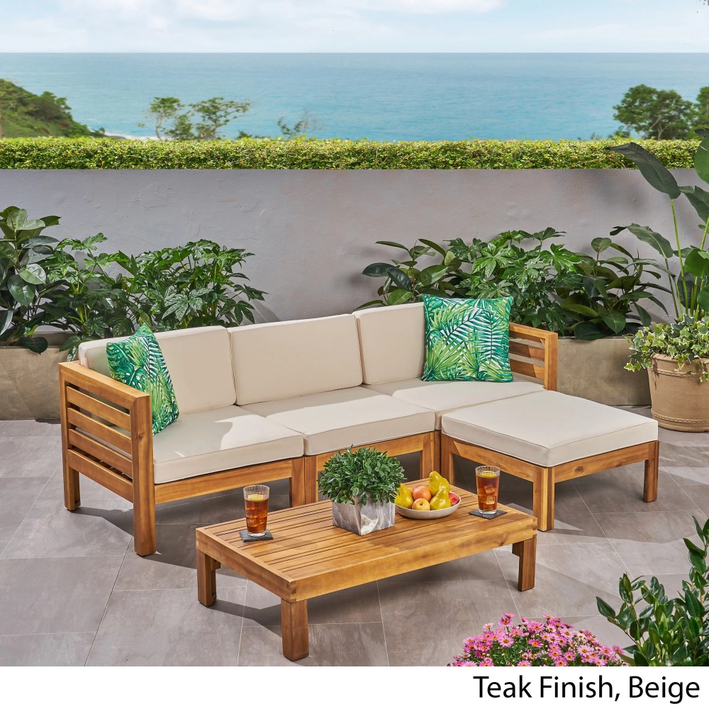 Noble House Cambridge Outdoor 5-Pc Acacia Wood Sofa Set Teak and Beige - Image 15