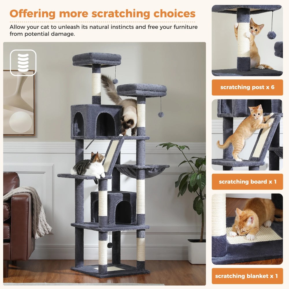 PEQULTI 71 " Large Cat Tree Tower for Cat with Dual Condos and 6 Scratching Posts Indoor Dark Gray - Image 3