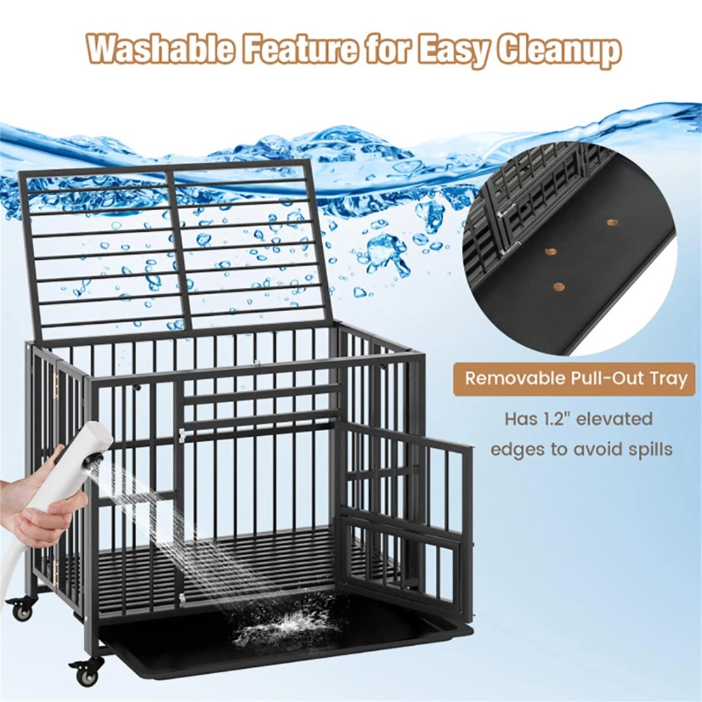 Pefilos 37" Foldable Heavy Duty Dog Cage, Metal Escape Proof Kennel, Chew-proof Dog Crates for Medium Dogs with Tray, Black - Image 7