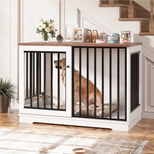 Homfa Dog Crate Furniture,  47.2"W Wooden Indoor Dog Cage Table with Sliding & Lockable Doors,  White