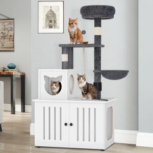 Dextrus 2-in-1 Cat Tree with Litter Box Enclosure, 53.5" Large Modern Cat Condo with Scratching Posts,  Perch,  Food Station,  Hammocks,  Scratch Post,  White