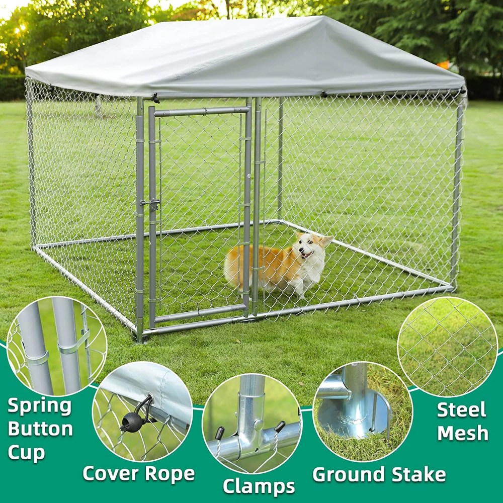 VIVIJASON Outdoor Large Dog Kennel Heavy Duty Fence Dog Cage with Galvanized Chain Link, Outside Pen Playpen Dog Run House with UV & Waterproof Cover and Secure Lock for Backyard - Image 6