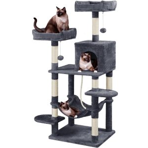 Alden Design 59" Cat Tree with Condo and Scratching Post Tower,  Dark Gray