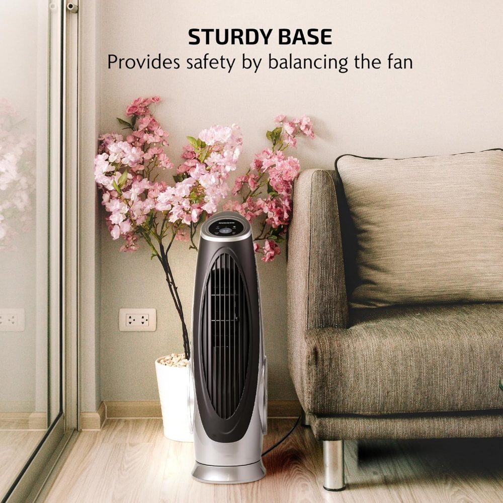 OVENTE Oscillating Tower Fan with Remote Control, 3-Speed LCD Panel & 8H Timer, 30.5" Quiet & Bladeless Indoor Standing Floor Fan, Blows Cold Air for Home, Bedroom, Living Room or Office, Silver - Image 7