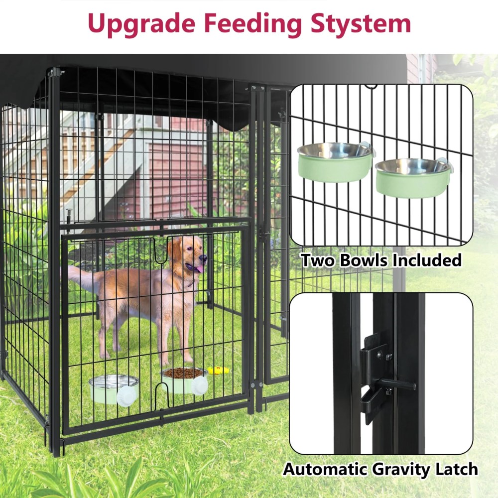 Jhsomdr Outdoor Dog Kennel, 4.2ft x 4ft x 4.5ft Welded Wire Dog Cage Dog Crate with Rotating Feeding Door and Bowls, Heavy Duty Large Dog Kennel Dog Run Enclosure with UV-Resistant Oxford Cloth Roof - Image 11