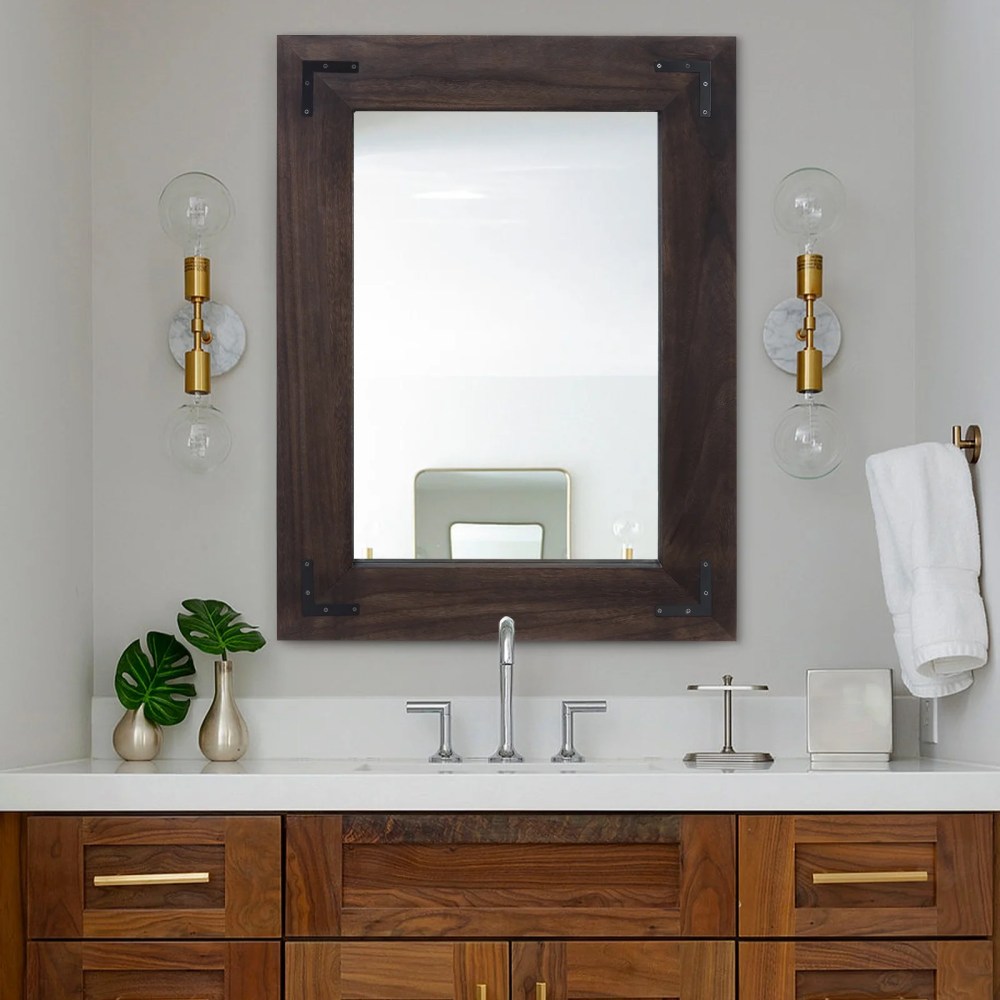 YOSHOOT Rustic Wooden Framed Wall Mirror, Decorative Wood Wall Mirror for Living Room or Bathroom Vanity, Rectangle Hanging Mirror Home Wall DecorBlack-26x18