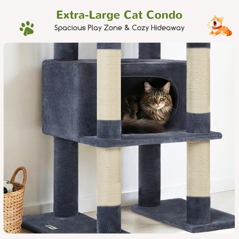 Globlazer 84" Multilevel Large Cat Tree Tower for Indoor Cats with 2 Condos, 3 Hanging Baskets & 8 Scratching Posts, Dark Gray - Image 3