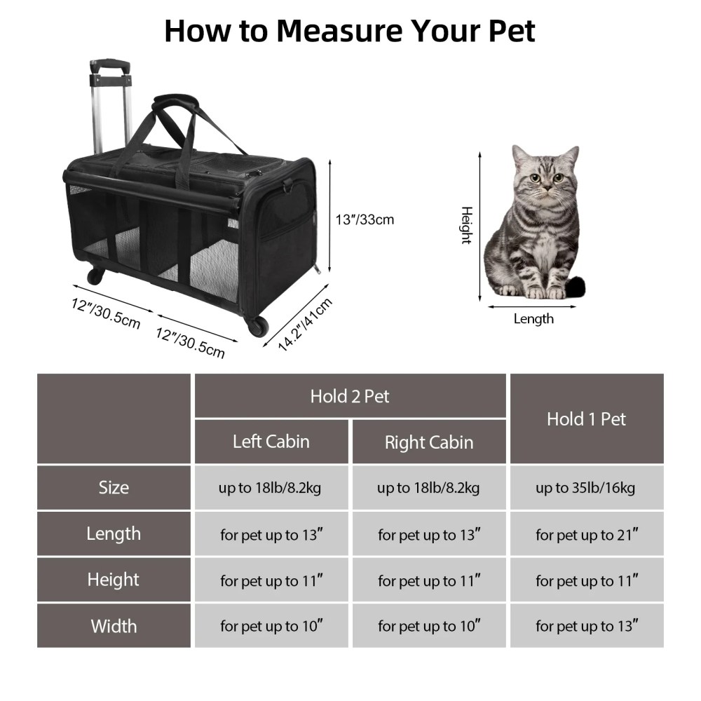 ELEGX Double-Compartment Pet Rolling Carrier with Wheels for 2 Pets, for Up to 35 LBS, Cat Rolling Carrier for 2 Cats, Super Ventilated Design, Ideal for Traveling/Hiking /Camping - Image 3