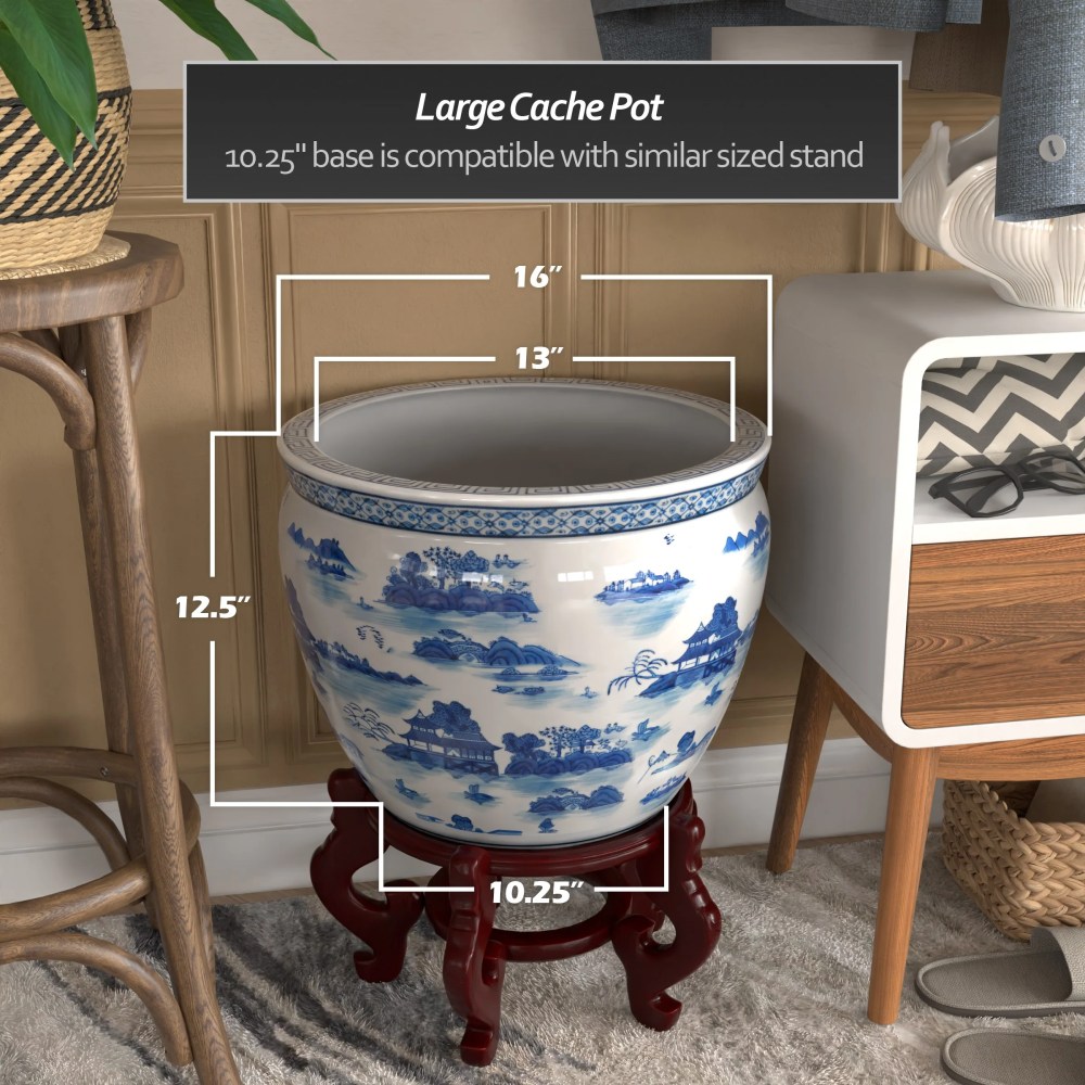 Red Lantern 16" Landscape Blue & White Porcelain Fishbowl Planter - Image 2