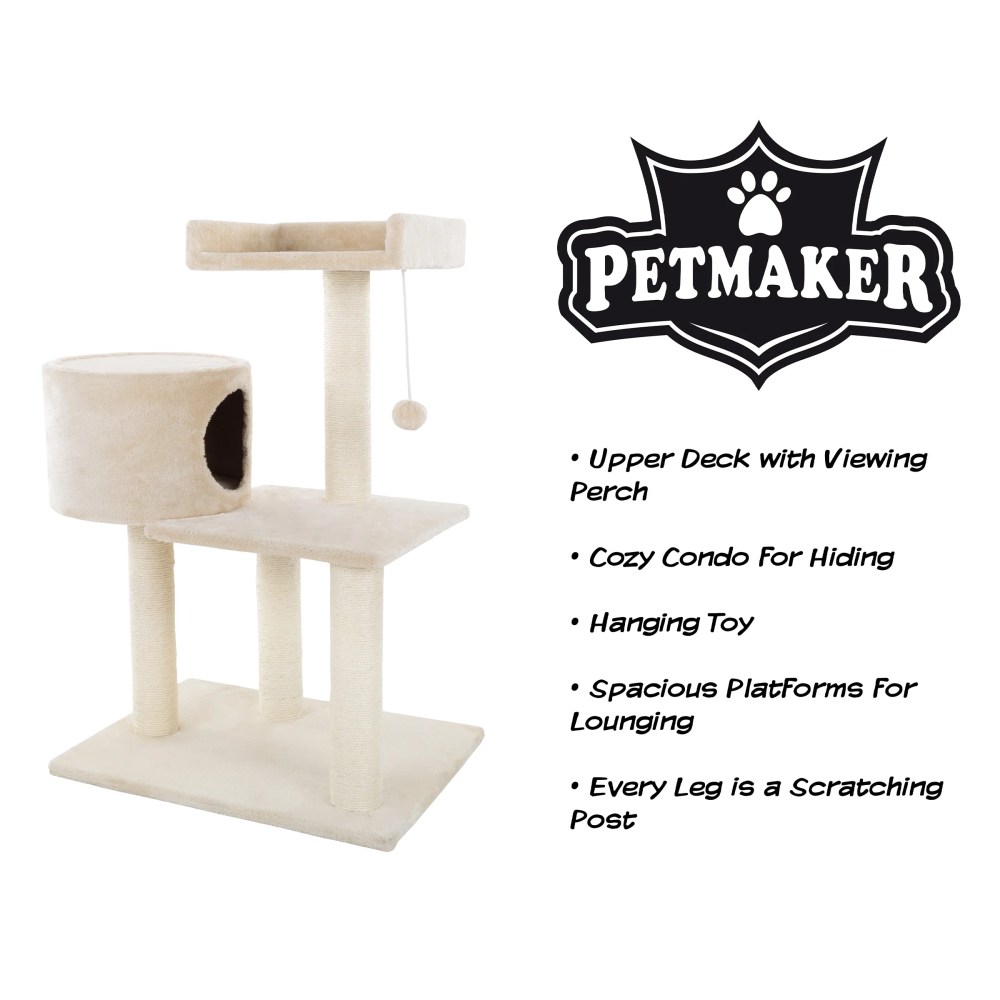 3 Tier Cat Tree- Plush Multi Level Cat Tower with Scratching Posts Perch Style Bed Cat Condo and Hanging Toy for Cats and Kittens By PETMAKER (31) - Image 6