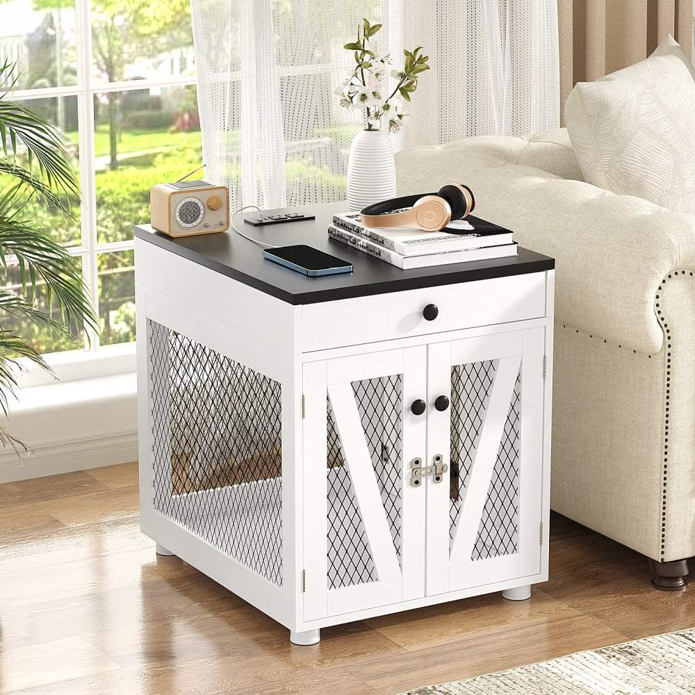 RichYa Furniture Style Dog Crate End Table, Wooden Dog Kennel with Dual USB Charging Station, for Small Dogs Under 25 lbs Indoor Use, White, S Size - Image 3