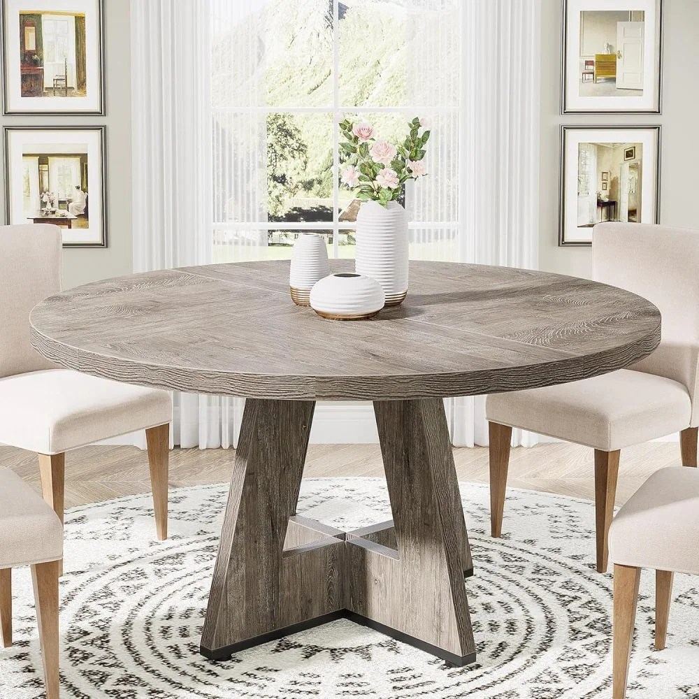47 Inch Farmhouse Round Wood Dining Table,Cross Base 4-Person Table with Upgraded Metal Connectors for Dining Room/Breakfast Nook/Open-Concept Living