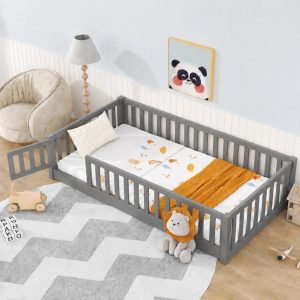 PAPROOS Twin Montessor Floor Bed,Solid Wood Toddler Bed with Safety Guardrail and Door,Easy Assembly,Low-to-Floor Bed Frame with Slats for Kids,Gray