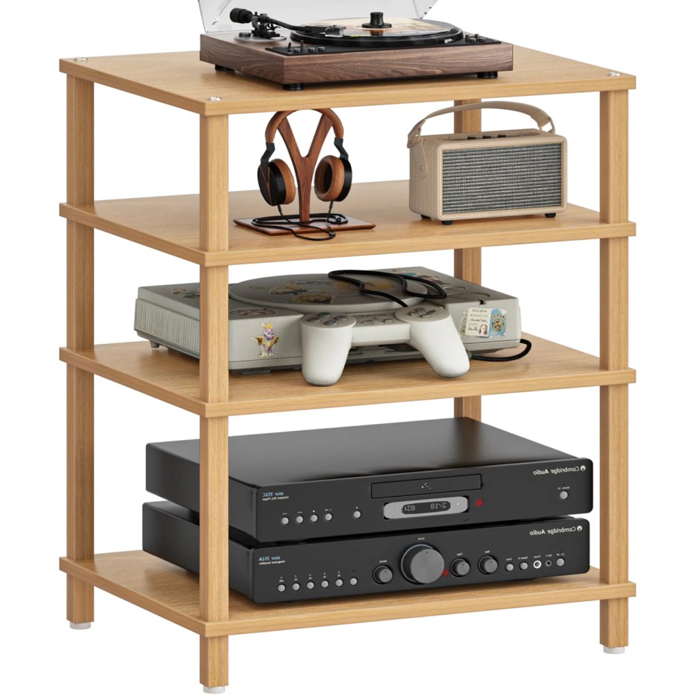 4-Tier Media Stand/TV Shelf/Audio Cabinet and Media Towers,Modern Stereo Cabine, Game Console Shelf, Wooden TV Stand, Multifunctional Entertainment Center - Brown