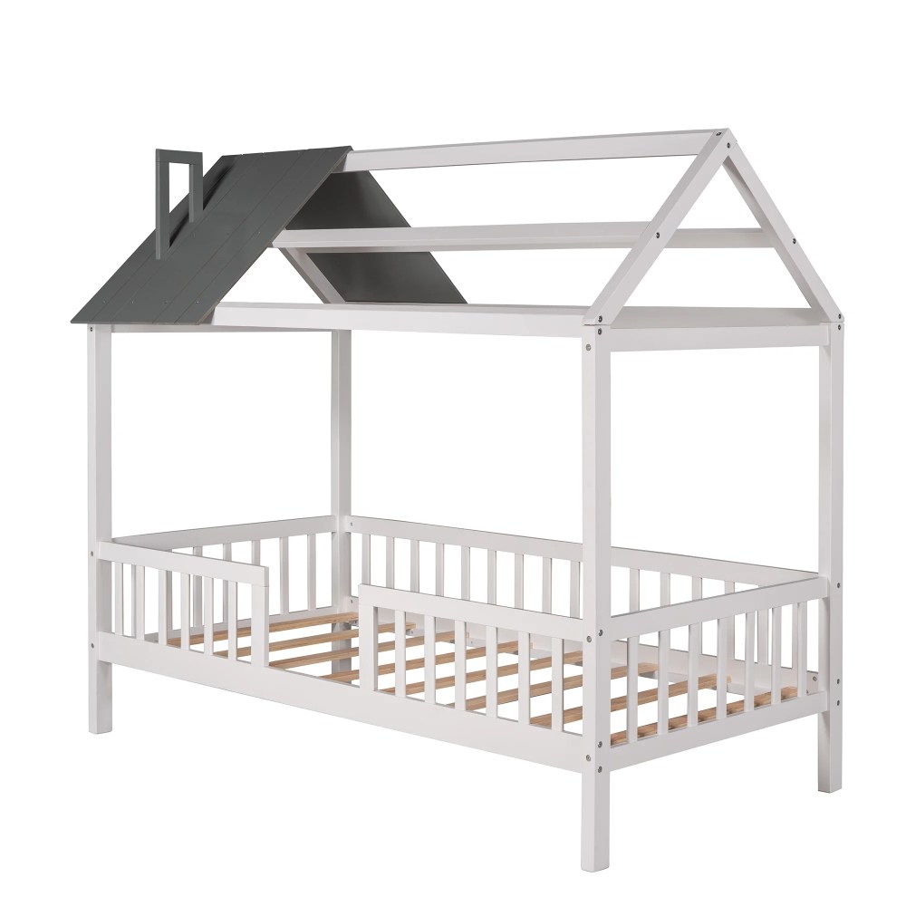 Aukfa Twin House Bed with Fence and Roof, Wood Montessori Bed for Kids, Teens - White/Gray - Image 4