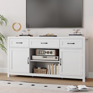 YouTrend Farmhouse TV Stand for TVs up to 65" for Living Room, Kitchen Pantry Sideboard W/ Storage Cabinet, White