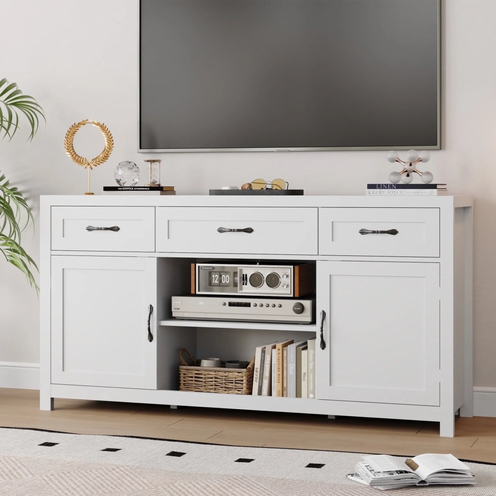 YouTrend Farmhouse TV Stand for TVs up to 65" for Living Room, Kitchen Pantry Sideboard W/ Storage Cabinet, White