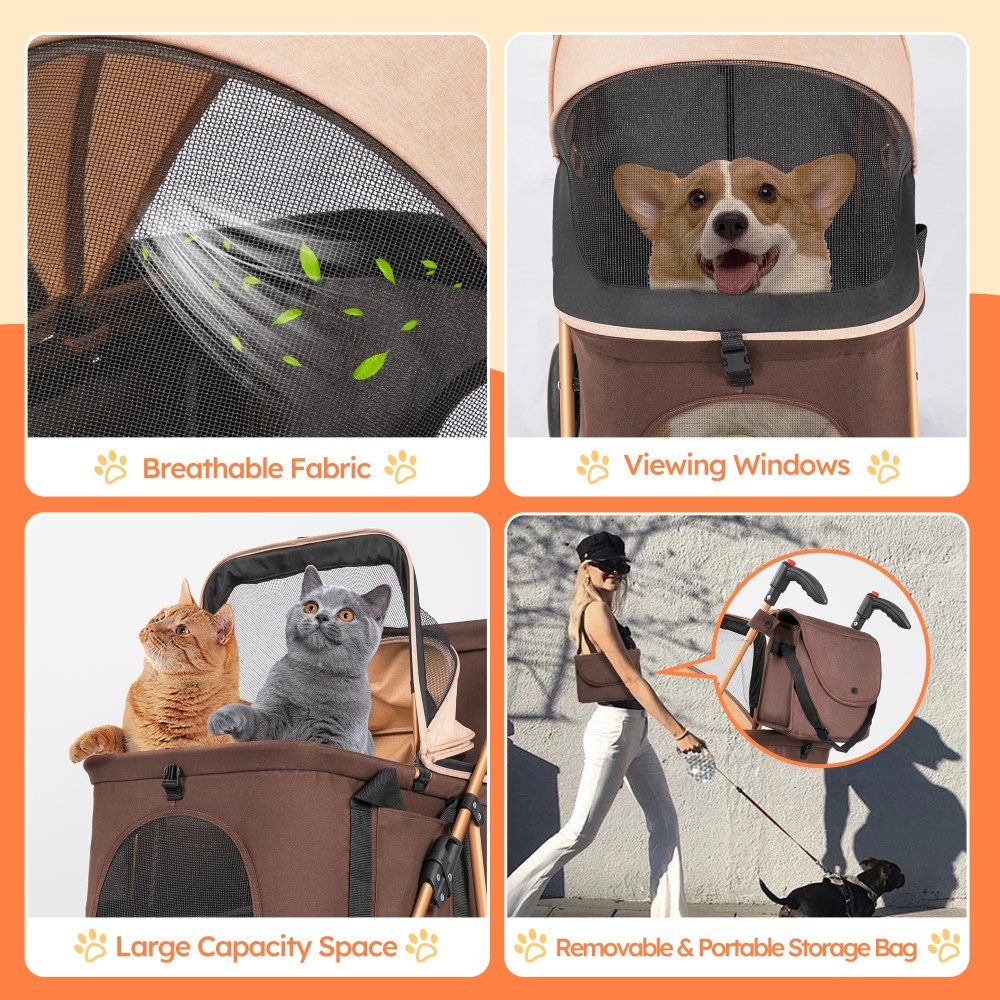 Monasem 3-in-1 Pet Stroller, Foldable 4-Wheel Cat & Dog Stroller with Detachable Carrier, Canopy and Storage Basket, up to 60lbs, Brown - Image 7