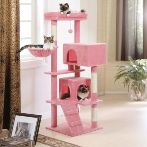 Pefilos 56" Cat Tree Tower for Indoor Cats,  Cat Tree House for Multiple Cats with 2 Cozy Condos,  Top Perch,  Hammock,  Climbing ladder and Dangling Ball,  Pink