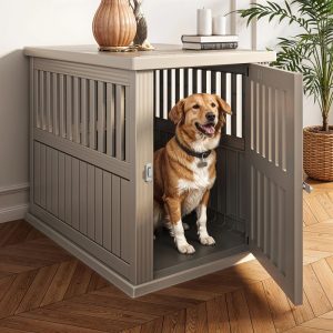 Uforic 30" Plastic Dog Crate for Small and Medium Dogs,  Indoor Dog Kennel with Door Latch and Hollow Ventilated Design,  Furniture End Table,  Brown,  29.3"D x 15"W x 25.5"H