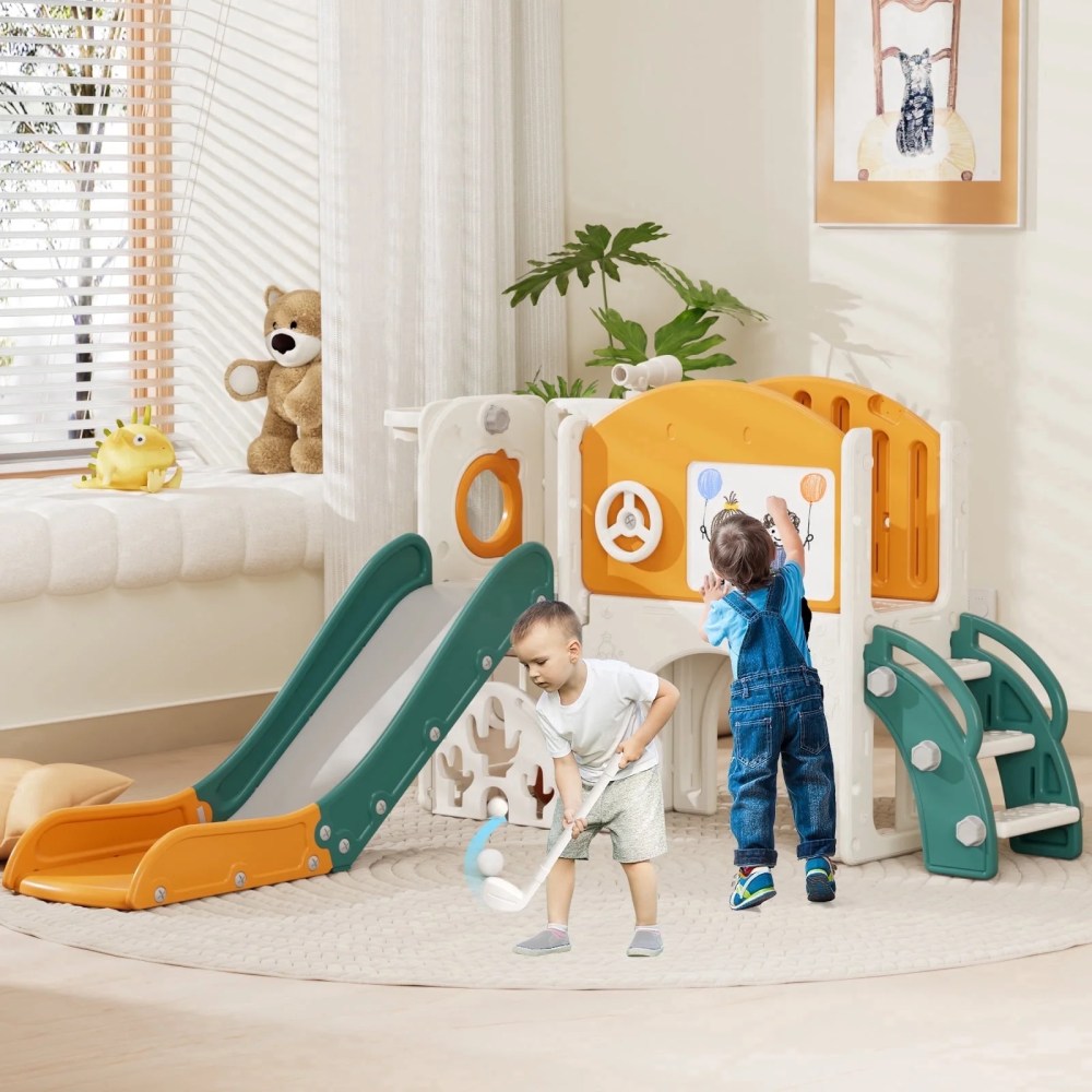 YUFU 8 In 1 Toddler Slide Set for Kids Age 1 with Golf Basketball Hoop Drawing Board Indoor Outdoor Playset (Green)