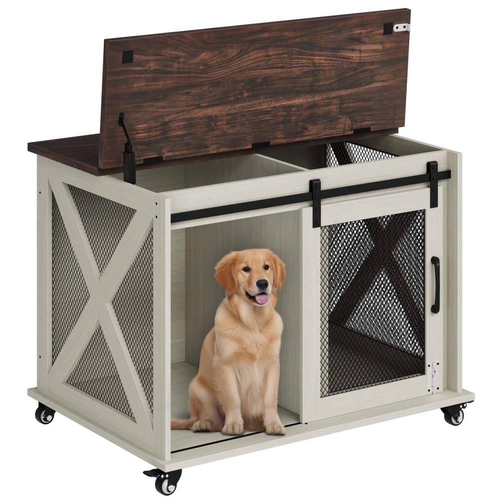 37" Stress-Free Dog Crate with Dual Access Sliding Barn Door & Flip Top Design Creates a Cozy Den for Your Pet