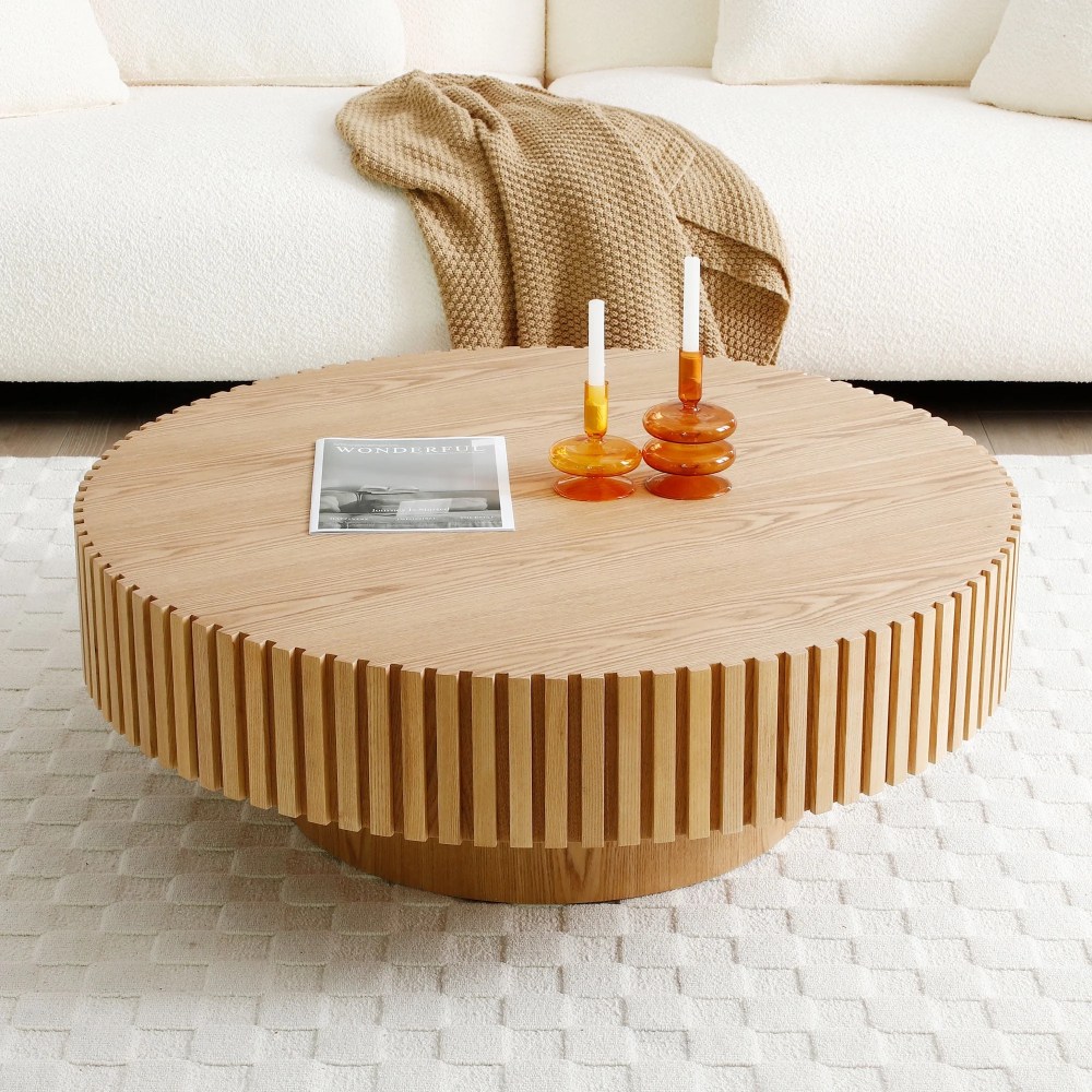 Williamspace Round Coffee Table,31.49" Modern Handcraft Relief Wood Coffee Table Circle Drum Side Table Accent End Table Center Table for Living Room,Natural Ash