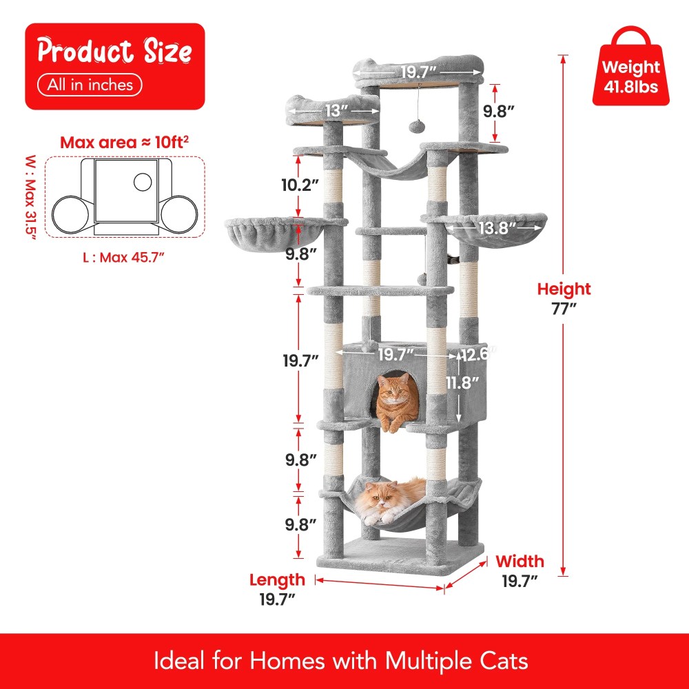 Furcato 77-Inch Cat Tree for Indoor Cats, Multi-Level Large Cat Tower with 4 Hammocks, 2 Padded Perches, Large Cat Condo, Light Gray - Image 3