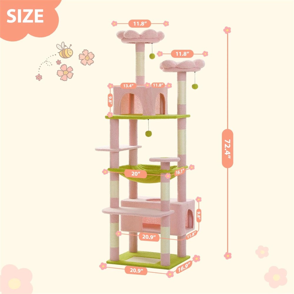 Pefilos 72" Cat Tree Tower for Large Cats, Indoor Cat Condo with Sisal-Covered Scratching Posts and Pads, 2 Padded Perch, Pink - Image 4
