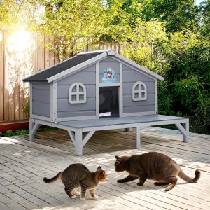 Pefilos 43" All Weather Wooden Cat House for Indoor and Outdoor Weatherproof Cat Shelter with Escape Door,  Fringe Curtains,  Gray