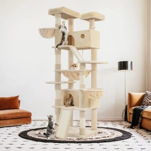 Sifurni 81" Multi-Level Tall Cat Tree Tower for Large Cat with Cat Condo and Hammock,  Scratching Post & Scratching Ramp,  Beige