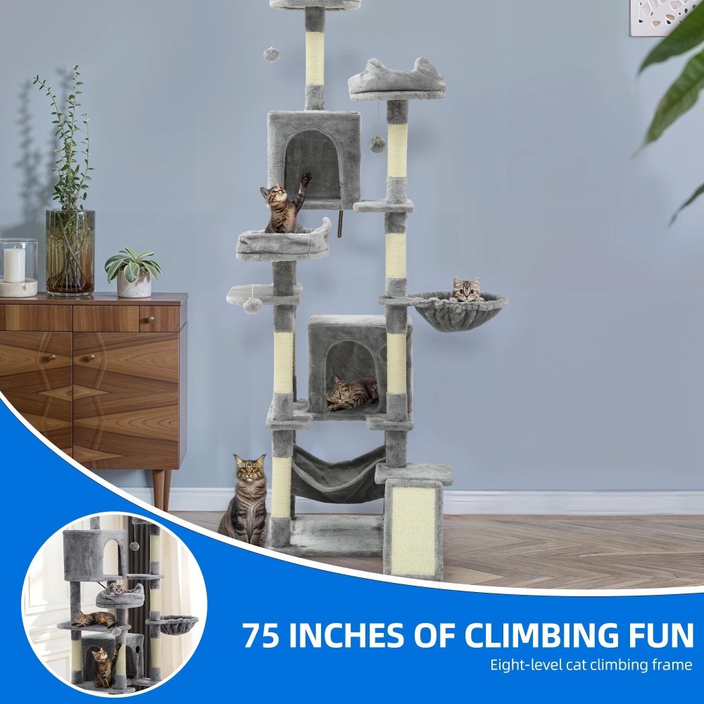 Dextrus 75" Tall Cat Tree for Large Cats, Multi-Level Play Tower Condo with Sisal Ramp Scratching Post & Hammocks, Light Gray - Image 7