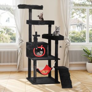 Uforic 63in Gothic Cat Tree with Coffin Bed,  Tall Halloween Cat Tower for Indoor Cats with Top Perch & Sisal Scratching Posts,  Black
