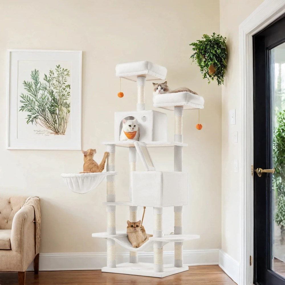 LEDREM 66.1-Inch Multi-Level Cat Tree Tower with 2 Perches, 2 Caves, Hammock & 13 Scratching Posts-Plush Climbing Condo for Indoor Cats, Cream White - Image 3