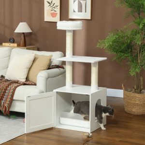 PawHut Cat Tree with Litter Box Enclosure for Indoor Cats with Scratching Posts,  Bed,  Climbing Platforms,  Modern Style Pet Furniture,  White