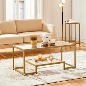 Yaheetech 2-Tier Modern Tempered Glass Coffee Table with Metal Frame for Living Room,Gold