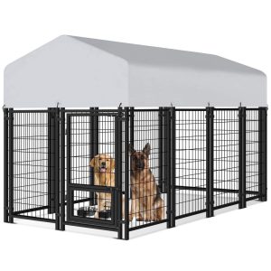 WOKEEN 8 x4 x5FT Outdoor Large Dog Kennel,  Heavy Duty Modular Dog Cage with Waterproof Cover,  Dog Playpen with 2 Rotating Bowls & Secure Lock for Patio,  Garden,  Backyard