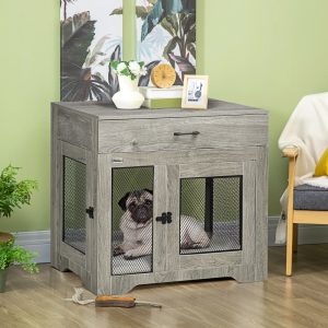 PawHut Dog Crate Furniture with Soft Water-Resistant Cushion,  Dog Kennel End Table with Drawer,  Puppy Crate for Small Dogs Indoor with 2 Doors,  Gray