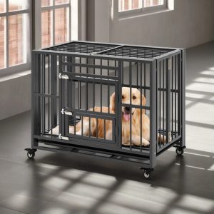 Pefilos 37" Foldable Heavy Duty Dog Cage,  Metal Escape Proof Kennel,  Chew-proof Dog Crates for Medium Dogs with Tray,  Black