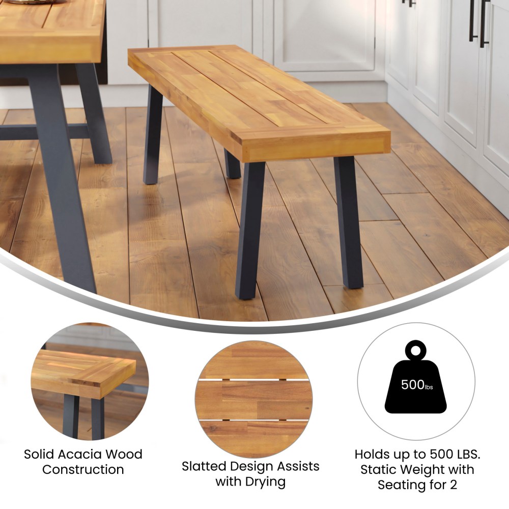 Flash Furniture Martindale Solid Acacia Wood Patio Dining Bench for 2 with Slatted Top and Gray Flared Wooden Legs in a Natural Finish - Image 9