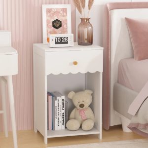 Yoneston Elegant Open Shelf Nightstand with Drawer Storage for Kid's Room Bedside Bedroom,Snow White
