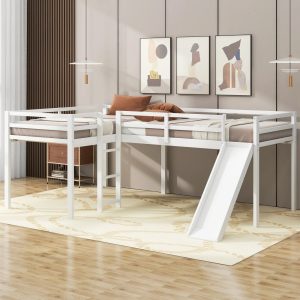 Euroco Pine Wood Loft Bed, 2-in-1 Beds for Kids Teens, Low Profile Loft with Slide for Kids, White