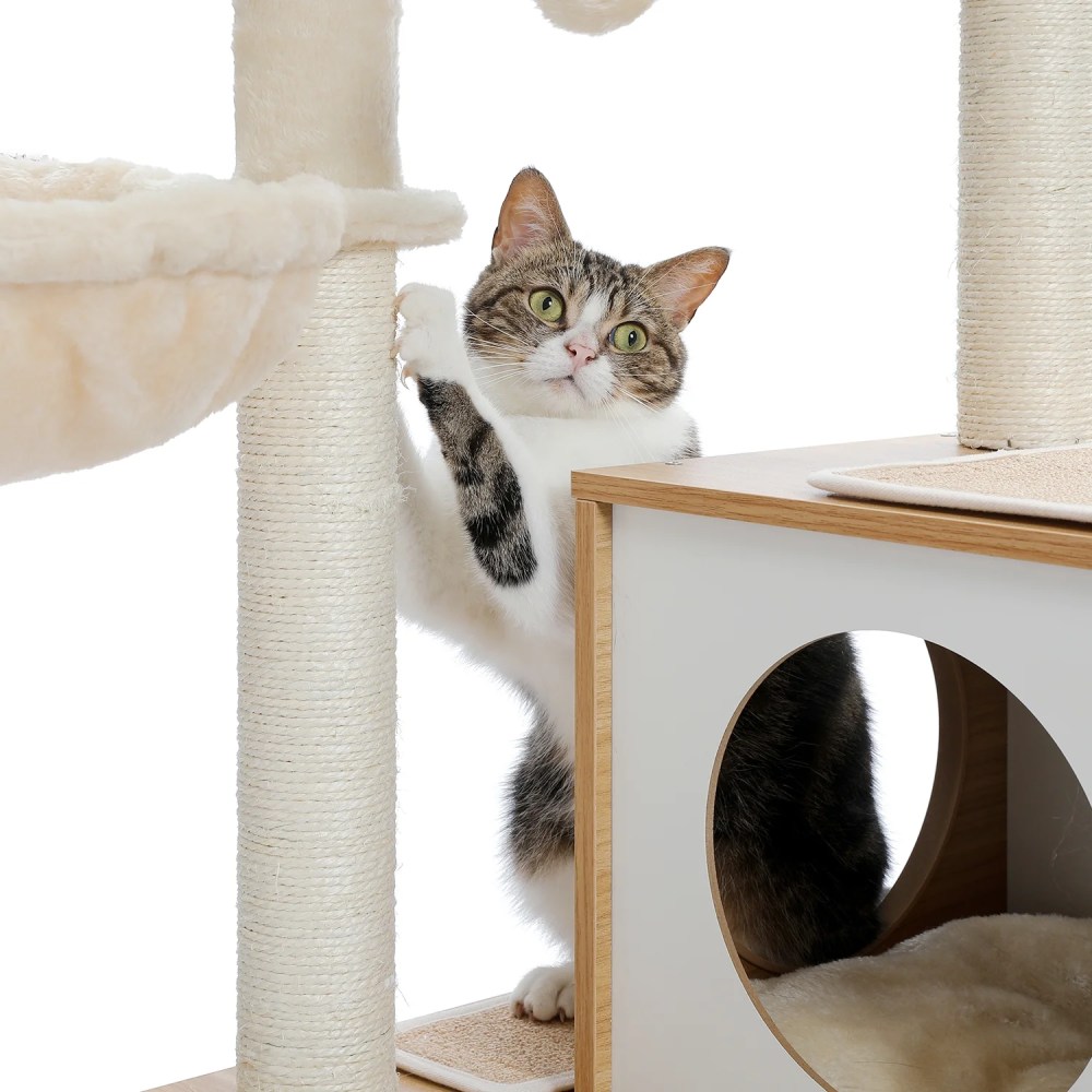 Pefilos 51" Wooden Cat Trees Towers for Large Cats with Cat Scratching Post and Removable Soft Perches Modern Cat Condo for Indoor, Beige - Image 7